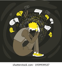 Ilustración vectorial de la filosofía. Drama psicológico. Trastorno mental. Una mujer desesperada y tensa la cabeza con las manos. Hay montones de sus deprimentes pensamientos por todas partes.