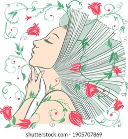 Vector illustration of philosophy, symbol of life, female psychology. A woman is like an open book. The concept of mental health, psychoanalysis and psychotherapy.