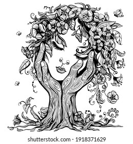 Vector illustration of philosophy, symbol of life, female psychology. A woman's face in the form of a blossoming tree in an embrace of hands. Mental health and psychotherapy concept.