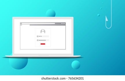 Vector illustration of phishing attack concept. Laptop with browser window and login page with red button and under water background with bubbles and fishing hook.