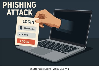 Vector illustration of a phishing attack with a hand reaching out from a laptop screen. Concept of cybercrime, online scam, data theft, and internet fraud. Symbolic 3D or flat design on white backgrou