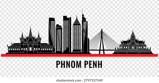 Vector illustration of Phnom Penh city skyline showing famous landmarks, modern skyscrapers, and traditional Cambodian architecture in a flat design style.