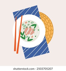Ilustración vectorial con plato de sopa pho bo. Diseño plano moderno