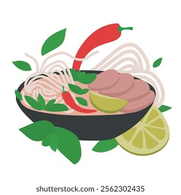 A Vector Illustration of Pho Soup in a Black Bowl with Meat, Chili, Herbs, Noodles, and Lime