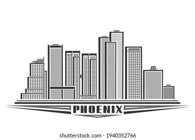 Vector illustration of Phoenix City, horizontal monochrome poster with line art design phoenix city scape, urban american concept with unique decorative font for black word phoenix on white background