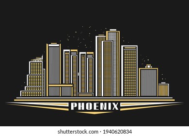 Vector illustration of Phoenix City, horizontal poster with line art design illuminated phoenix city scape, modern american concept with decorative font for word phoenix on dark evening background.