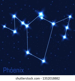 Vector illustration of Phoenix constellation. Cluster of realistic stars in the dark blue starry sky.