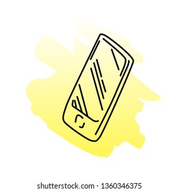 Vector illustration of phone. Black line cellphone on yellow color blot