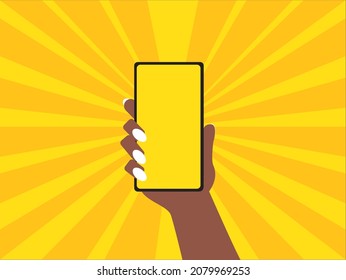 Ilustración vectorial de un teléfono en la mano de una mujer negra. Aislado sobre fondo amarillo. Pantalla amarilla para smartphone. Uñas blancas. Excelente para comerciales, banner, sitios web y tienda online.