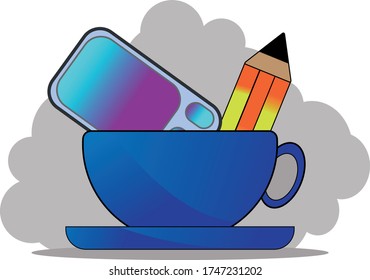 ilustración vectorial. teléfono, taza azul y lápiz. icono, logotipo, símbolo.
