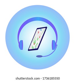Vector illustration of a phone with a city map and a headset headphones with a microphone on a blue background