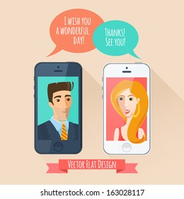 Vector Illustration of Phone conversation between a man and a woman. Flat style