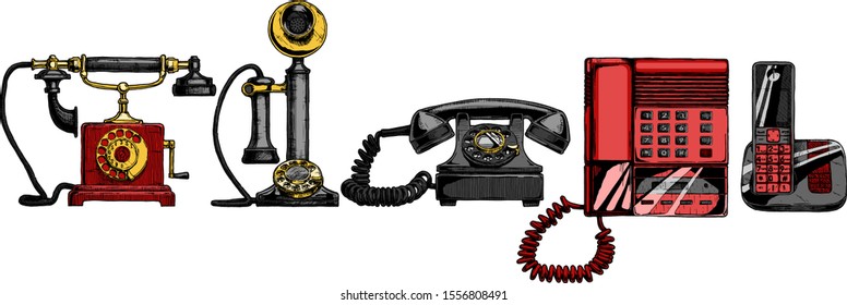 Vector illustration of the phone evolution set. Set in ink hand drawn style. Typical telephone end of XVIII century, candlestick telephone,  rotary dial telephone of 1940s, push-button phone