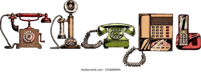 Vector illustration of the phone evolution set. Set in ink hand drawn style. Typical telephone end of XVIII century, candlestick telephone,  rotary dial telephone of 1940s, push-button phone with answ