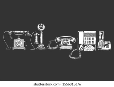 Vector illustration of the phone evolution set. Set in ink hand drawn style. Typical telephone end of XVIII century, candlestick telephone,  rotary dial telephone of 1940s, push-button phone with answ