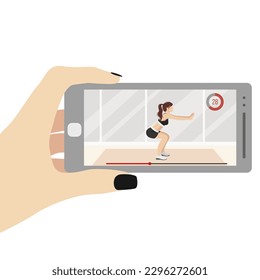 Vector illustration of a phone with a girl exercising sport held by the girl's hand. The concept of a healthy lifestyle, sports at home. Image for sports design, stickers, web design elements, banners