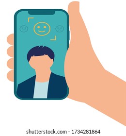 Vector illustration of the phone in the hand. Illustration of male portrait. Colorful flat vector drawing.