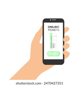 Vector illustration of a phone in hand on the screen, which contains a ticket and a ticket button. Vector flat illustration for website and banner design