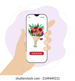 Vector illustration with a phone in hand. Ordering a bouquet of flowers. Gift delivery