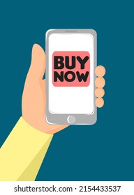 Ilustración vectorial de un teléfono y mano con las palabras Comprar ahora. Botón en la pantalla, compra en línea. Pedidos de productos en línea. Entrega de pedidos y domicilios