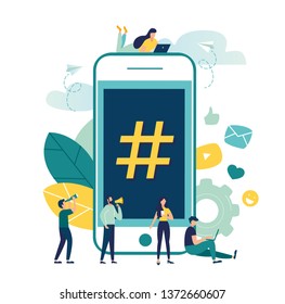 Vector Illustration, Phone With Hashtag Sign, People And Social Networks.