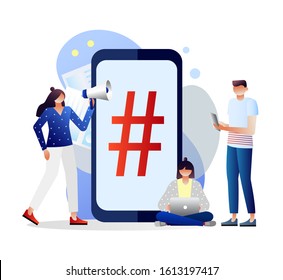 Vector illustration, phone with hashtag sign, people and social networks. Isolated on white background. Character design