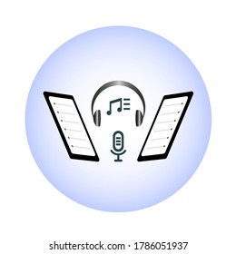 Vector illustration of a phone with headphones headset with microphone on a blue background.