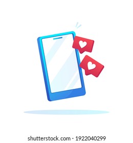 Vector illustration of a phone with like icons. Like and heart emoji speech bubble. Social Networks on mobile phone. Gradient design. Blue end red. Eps 10