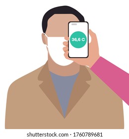 Vector illustration Phone placed on forehead of person remotely measures temperature. New technology. New normal. Measurement of human body temperature at a distance. Health, medicine Design for print