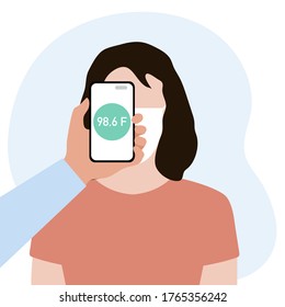 Vector illustration Phone placed on forehead of person remotely measures temperature. New technology. New normal. Measurement of human body temperature at a distance. Health, medicine Design for print