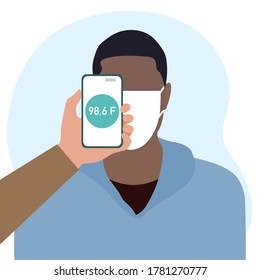 Vector illustration Phone placed on forehead of person remotely measures temperature. New technology. New normal. Measurement of human body temperature at a distance. Health, medicine Design for print