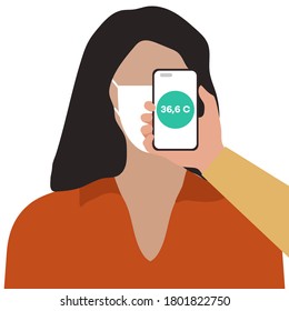 Vector illustration Phone placed on forehead of person remotely measures temperature. New technology. New normal. Measurement of human body temperature at a distance. Health, medicine Design for print