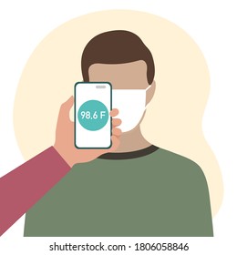 Ilustración vectorial Teléfono colocado en la frente de la persona a distancia mide la temperatura. Nueva tecnología. Nuevo normal. Medición de la temperatura corporal humana a distancia. Salud, medicina Diseño para impresión