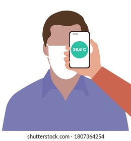 Vector illustration Phone placed on forehead of person remotely measures temperature. New technology. New normal. Measurement of human body temperature at a distance. Health, medicine Design for print