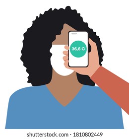 Vector illustration Phone placed on forehead of person remotely measures temperature. New technology. New normal. Measurement of human body temperature at a distance. Health, medicine Design for print