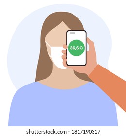 Vector illustration Phone placed on forehead of person remotely measures temperature. New technology. New normal. Measurement of human body temperature at a distance. Health, medicine Design for print