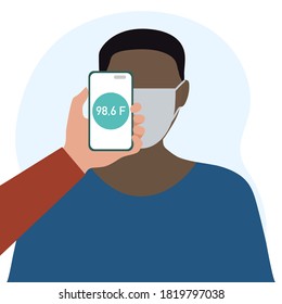 Vector illustration Phone placed on forehead of person remotely measures temperature. New technology. New normal. Measurement of human body temperature at a distance. Health, medicine Design for print