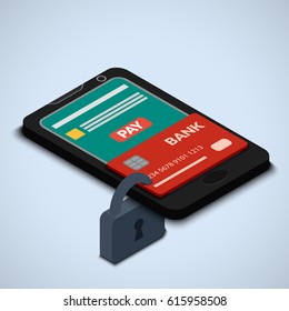 Vector illustration. Phone and plastic bank card, closed lock. Concept for secure online payments. Isometry, 3D.