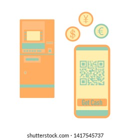 Vector illustration with phone with qr code, ATM cash withdrawal, currency exchange at ATM. Electronic, digital technology, barcode. Design for web page, banner, presentation, print. Flat style.