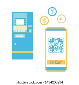 Vector illustration with phone with qr code, ATM cash withdrawal, currency exchange at ATM. Electronic, digital technology, barcode. Design for web page, banner, presentation, print. Flat style.