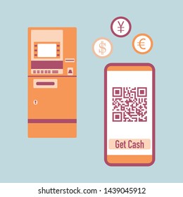 Vector illustration with phone with qr code, ATM cash withdrawal, currency exchange at ATM. Electronic, digital technology, barcode. Design for web page, banner, presentation, print. Flat style.