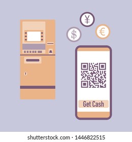 Vector illustration with phone with qr code, ATM cash withdrawal, currency exchange at ATM. Electronic, digital technology, barcode. Design for web page, banner, presentation, print. Flat style.
