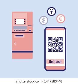 Vector illustration with phone with qr code, ATM cash withdrawal, currency exchange at ATM. Electronic, digital technology, barcode. Design for web page, banner, presentation, print. Flat style.
