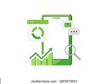 Vector illustration of a phone with a sales analytics application. Analysis of the survey. Details of transactions. Business icon. Mobile app. Green. Eps 10