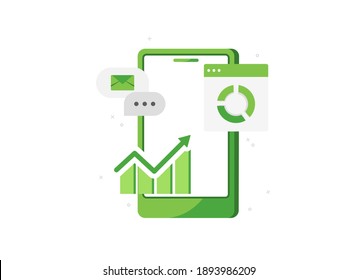 Vector illustration of a phone with a sales analytics application. Analysis of the survey. Details of transactions. Business icon. Mobile app. Green. Eps 10