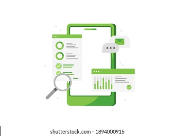 Vector illustration of a phone with a sales analytics application. Analysis of the survey. Details of transactions. Business icon. Mobile app. Green. Eps 10