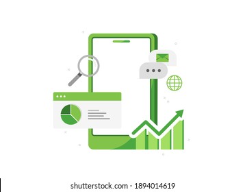 Ilustración vectorial de un teléfono con una aplicación de análisis de ventas. Análisis de la encuesta. Detalles de las transacciones. Icono de negocio. Aplicación móvil. Verde. Eps 10