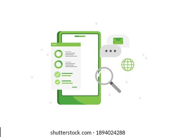 Vector illustration of a phone with a sales analytics application. Analysis of the survey. Details of transactions. Business icon. Mobile app. Green. Eps 10