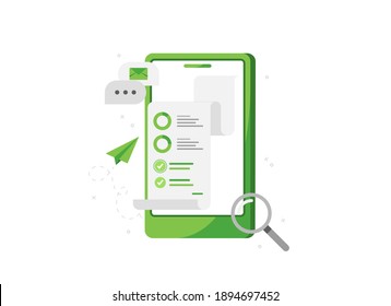 Vector illustration of a phone with a sales analytics application. Analysis of a survey. Details of transactions. Business icon. Mobile app. Green. Eps 10