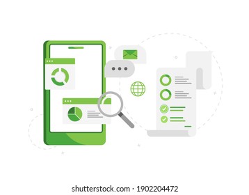 Vector illustration of a phone with a sales analytics application. Analysis of a survey. Details of transactions. Business icon. Mobile app. Green. Eps 10